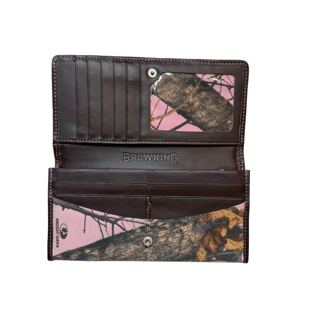 Browning Mossy Oak Pink Camo Checkbook Wallet Tri-Fold Buckmark Logo Brown Trim